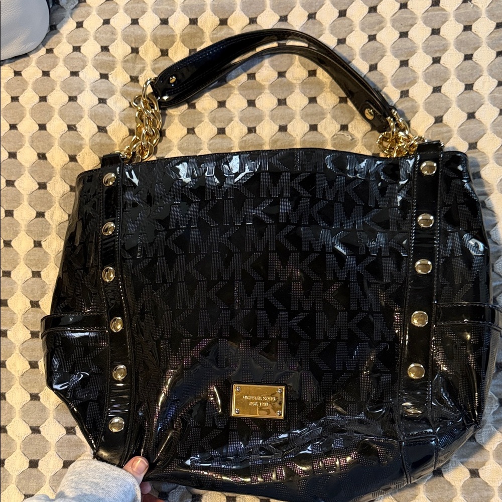 Michael Kors Black Patent MK Logo Shoulder Tote with Gold Hardware